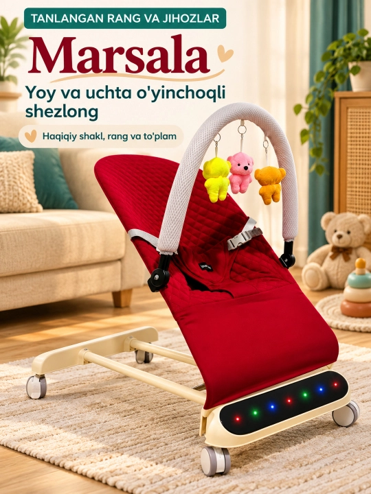 Musiqa, yorug‘lik va o‘yinchoq yoyi bilan yangi tug‘ilgan chaqaloq uchun tebranma o‘rindiq