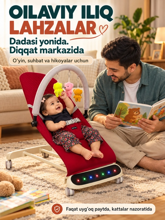Musiqa, yorug‘lik va o‘yinchoq yoyi bilan yangi tug‘ilgan chaqaloq uchun tebranma o‘rindiq