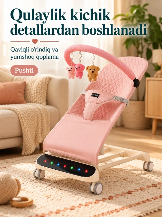 Musiqa, yorug‘lik va o‘yinchoq yoyi bilan yangi tug‘ilgan chaqaloq uchun tebranma o‘rindiq