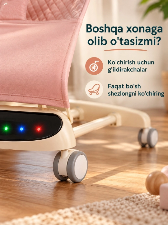 Musiqa, yorug‘lik va o‘yinchoq yoyi bilan yangi tug‘ilgan chaqaloq uchun tebranma o‘rindiq