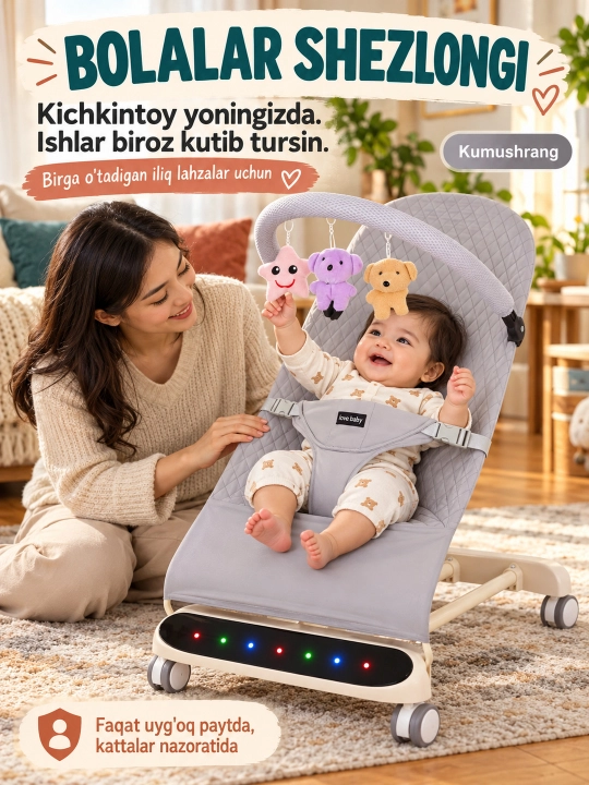 Шезлонг-качалка для новорожденных с музыкой, подсветкой и дугой игрушек - 