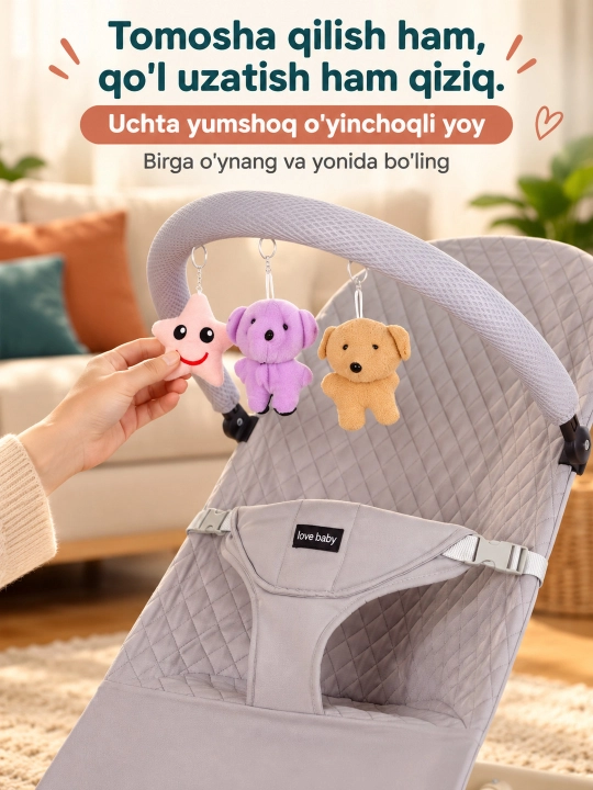 Musiqa, yorug‘lik va o‘yinchoq yoyi bilan yangi tug‘ilgan chaqaloq uchun tebranma o‘rindiq