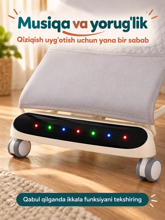 Musiqa, yorug‘lik va o‘yinchoq yoyi bilan yangi tug‘ilgan chaqaloq uchun tebranma o‘rindiq
