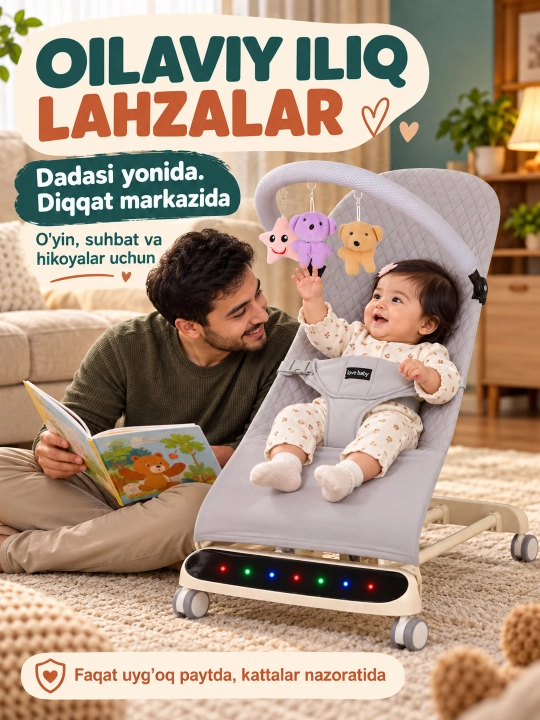 Musiqa, yorug‘lik va o‘yinchoq yoyi bilan yangi tug‘ilgan chaqaloq uchun tebranma o‘rindiq