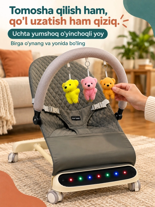 Musiqa, yorug‘lik va o‘yinchoq yoyi bilan yangi tug‘ilgan chaqaloq uchun tebranma o‘rindiq