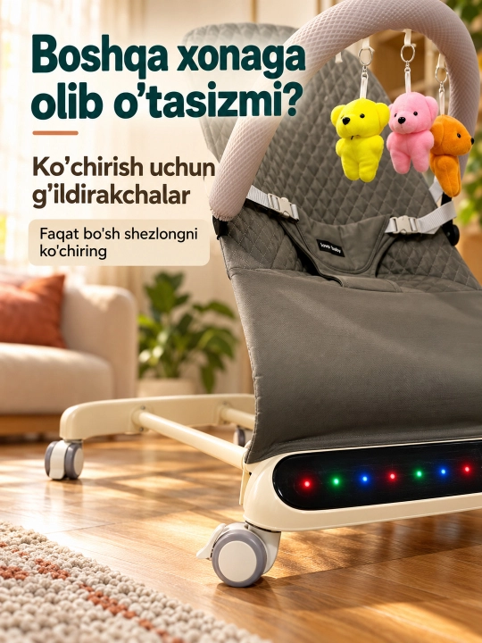 Musiqa, yorug‘lik va o‘yinchoq yoyi bilan yangi tug‘ilgan chaqaloq uchun tebranma o‘rindiq