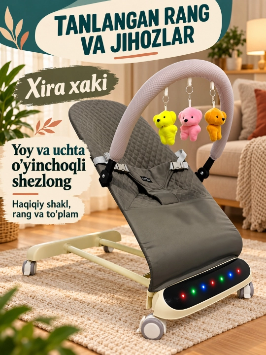 Musiqa, yorug‘lik va o‘yinchoq yoyi bilan yangi tug‘ilgan chaqaloq uchun tebranma o‘rindiq