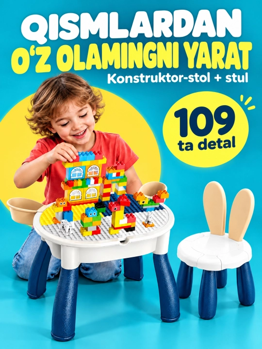 Kublar va saqlash bo‘limlari bor bolalar konstruktor o‘yin stoli - 