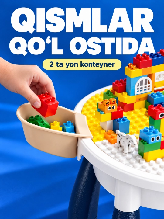 Kublar va saqlash bo‘limlari bor bolalar konstruktor o‘yin stoli