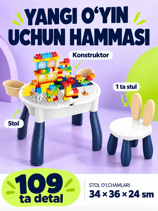 Kublar va saqlash bo‘limlari bor bolalar konstruktor o‘yin stoli
