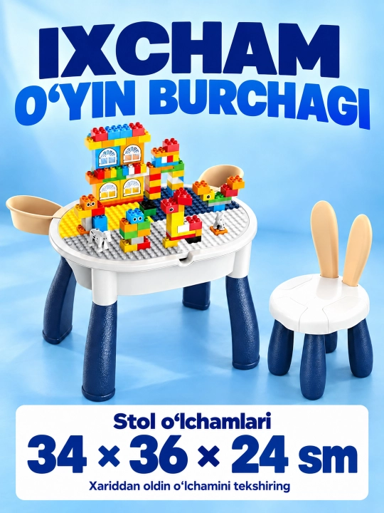 Kublar va saqlash bo‘limlari bor bolalar konstruktor o‘yin stoli