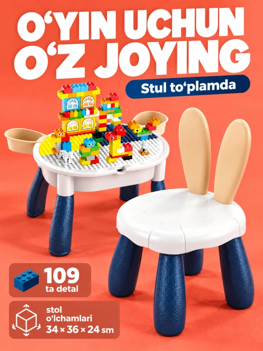 Kublar va saqlash bo‘limlari bor bolalar konstruktor o‘yin stoli