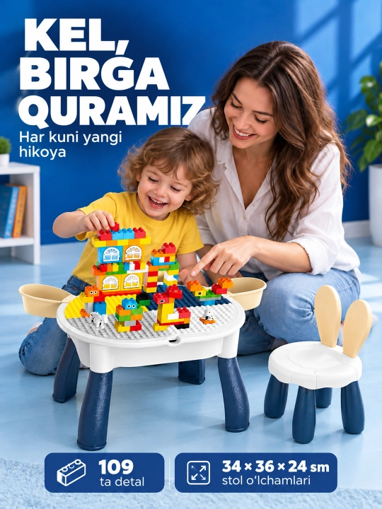 Kublar va saqlash bo‘limlari bor bolalar konstruktor o‘yin stoli