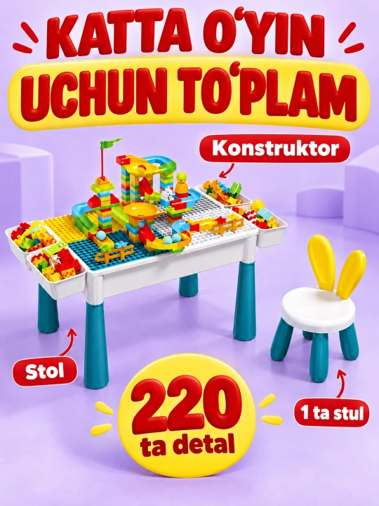 Kublar va saqlash bo‘limlari bor bolalar konstruktor o‘yin stoli