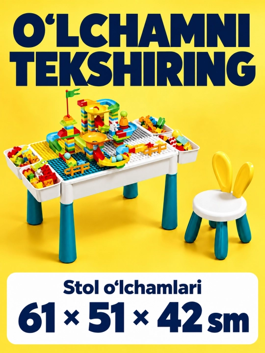 Kublar va saqlash bo‘limlari bor bolalar konstruktor o‘yin stoli