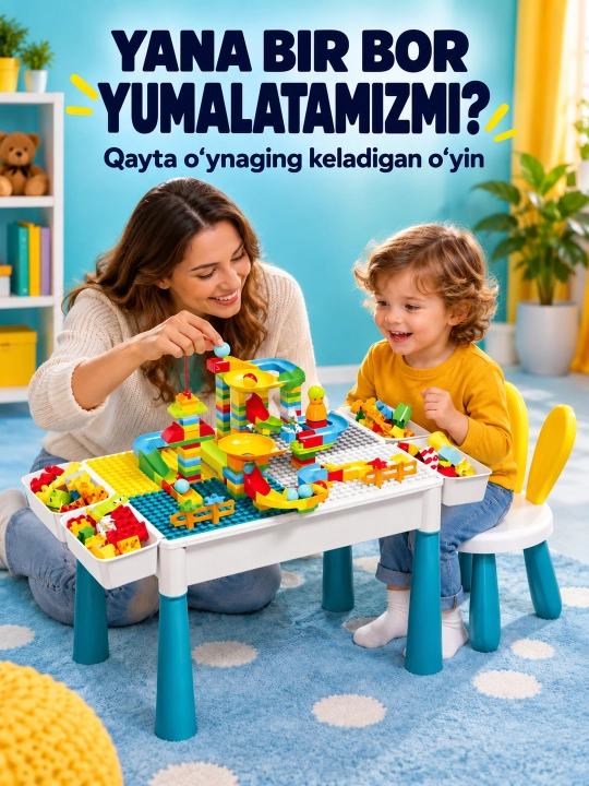 Kublar va saqlash bo‘limlari bor bolalar konstruktor o‘yin stoli