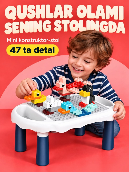 Kublar va saqlash bo‘limlari bor bolalar konstruktor o‘yin stoli - 
