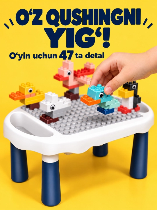 Kublar va saqlash bo‘limlari bor bolalar konstruktor o‘yin stoli