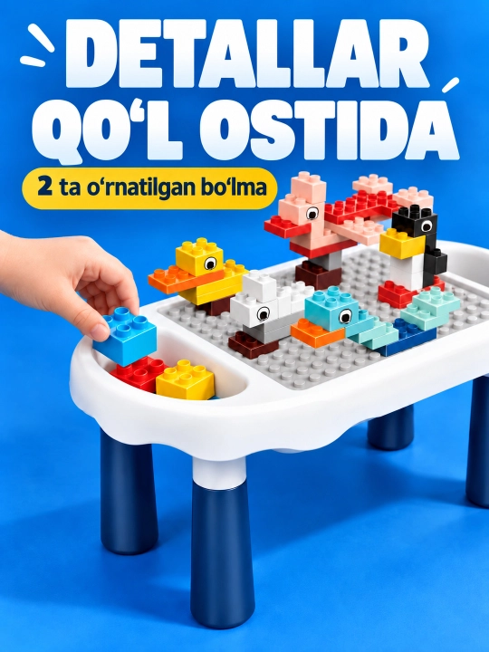 Kublar va saqlash bo‘limlari bor bolalar konstruktor o‘yin stoli