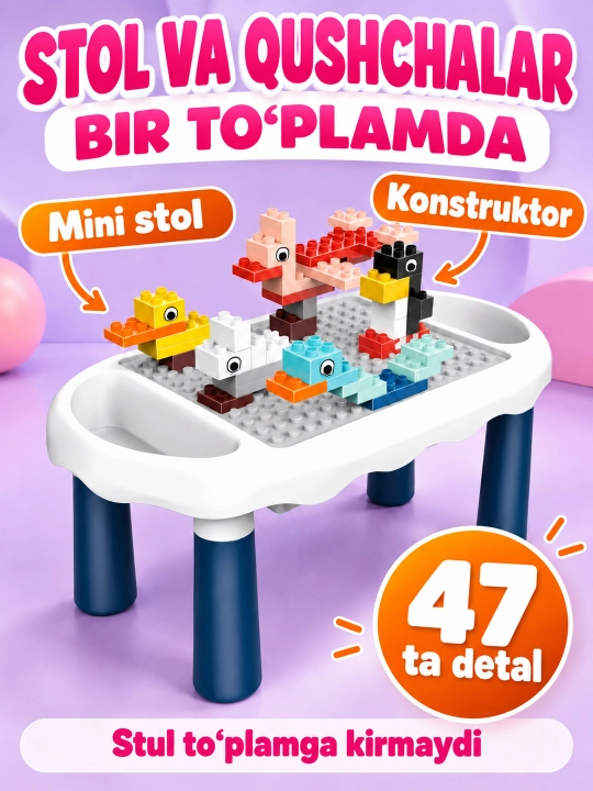 Kublar va saqlash bo‘limlari bor bolalar konstruktor o‘yin stoli