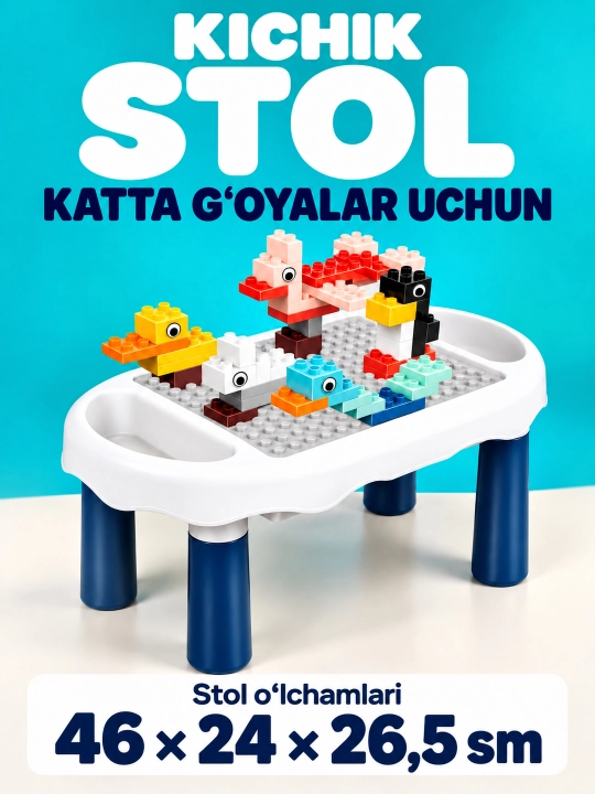 Kublar va saqlash bo‘limlari bor bolalar konstruktor o‘yin stoli