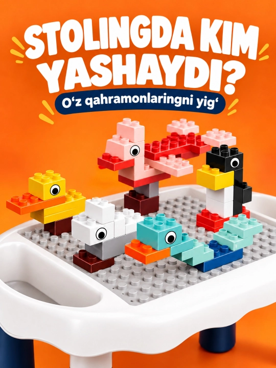 Kublar va saqlash bo‘limlari bor bolalar konstruktor o‘yin stoli