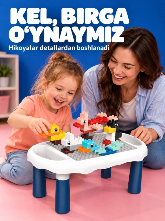 Kublar va saqlash bo‘limlari bor bolalar konstruktor o‘yin stoli