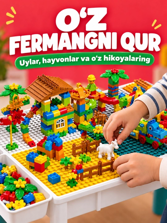 Kublar va saqlash bo‘limlari bor bolalar konstruktor o‘yin stoli