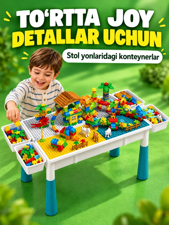 Kublar va saqlash bo‘limlari bor bolalar konstruktor o‘yin stoli