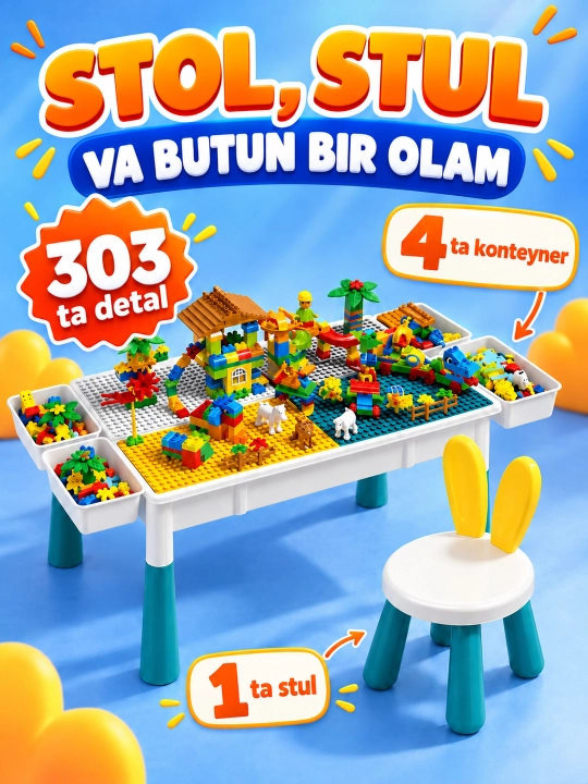 Kublar va saqlash bo‘limlari bor bolalar konstruktor o‘yin stoli