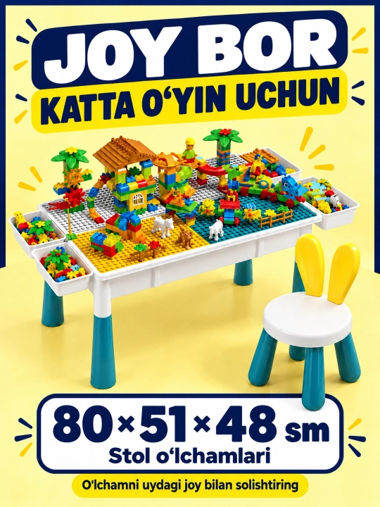 Kublar va saqlash bo‘limlari bor bolalar konstruktor o‘yin stoli