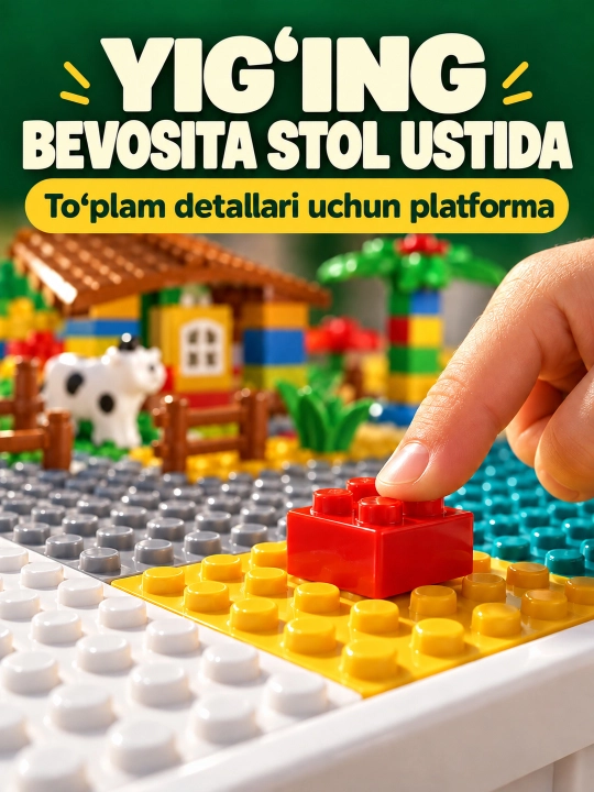 Kublar va saqlash bo‘limlari bor bolalar konstruktor o‘yin stoli