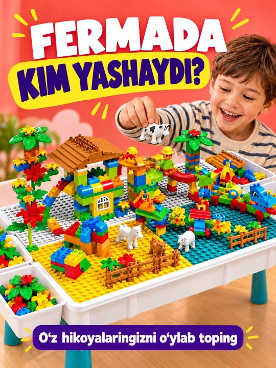 Kublar va saqlash bo‘limlari bor bolalar konstruktor o‘yin stoli