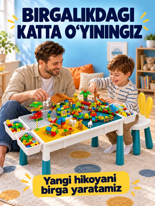 Kublar va saqlash bo‘limlari bor bolalar konstruktor o‘yin stoli