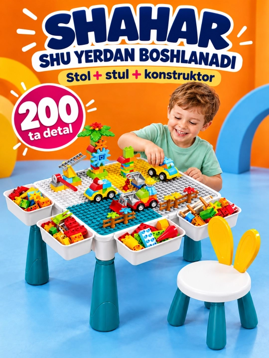 Kublar va saqlash bo‘limlari bor bolalar konstruktor o‘yin stoli - 