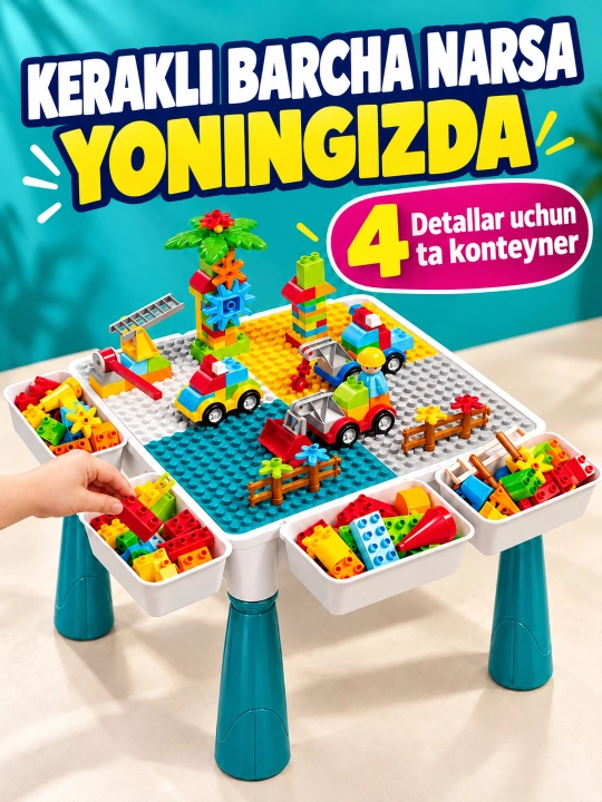 Kublar va saqlash bo‘limlari bor bolalar konstruktor o‘yin stoli