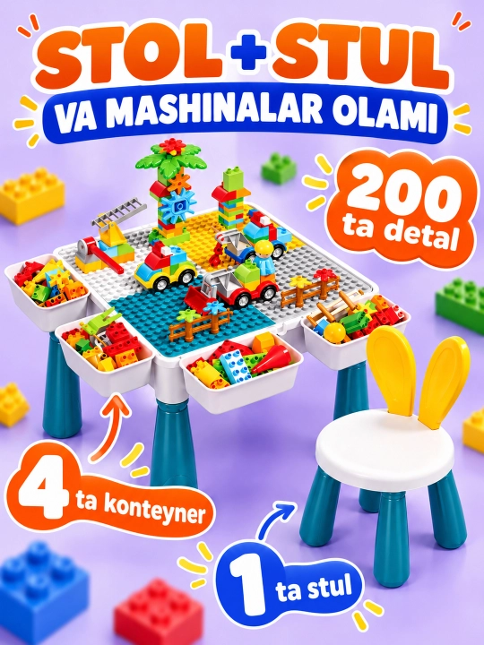 Kublar va saqlash bo‘limlari bor bolalar konstruktor o‘yin stoli