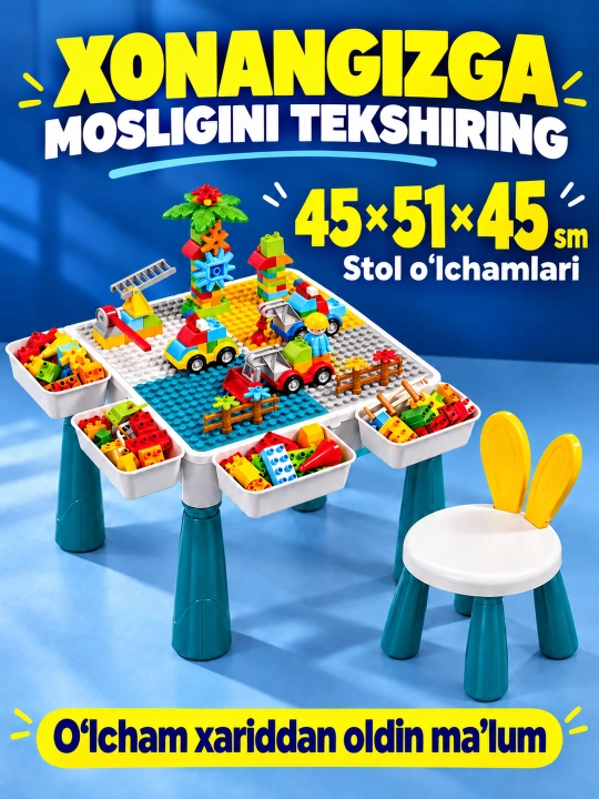 Kublar va saqlash bo‘limlari bor bolalar konstruktor o‘yin stoli