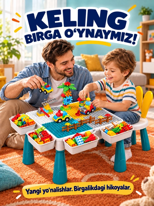 Kublar va saqlash bo‘limlari bor bolalar konstruktor o‘yin stoli