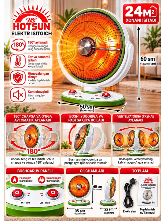 Elektr infraqizil isitgich 800 Vt, aylanadigan, parabolik elektr quyosh pechkasi, Xitoy