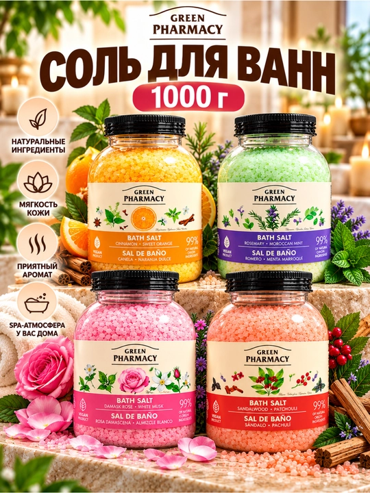 Соль для ванн Green Pharmacy, морская, 1000 г, 4 аромата - 