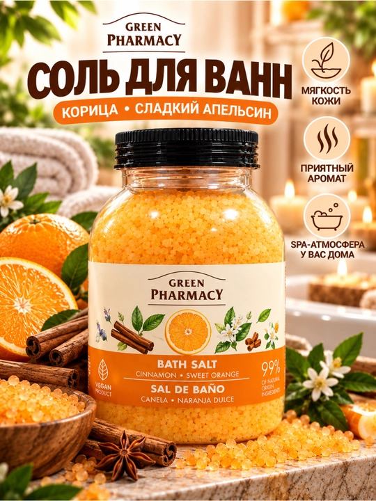 Соль для ванн Green Pharmacy, морская, 1000 г, 4 аромата