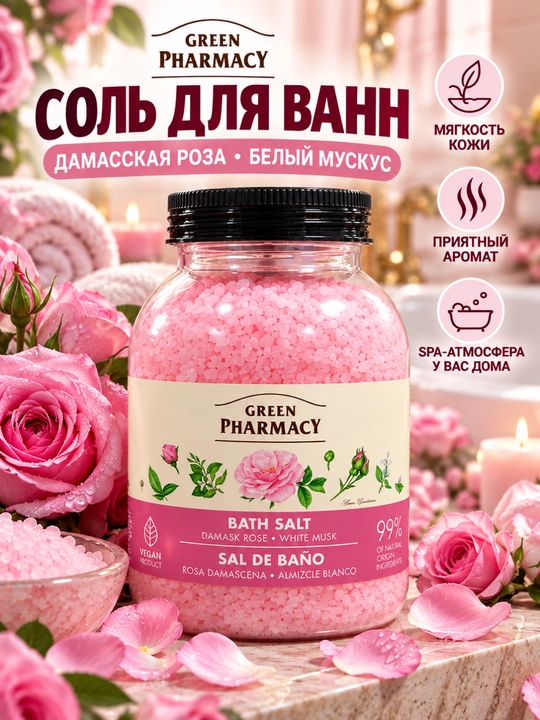 Соль для ванн Green Pharmacy, морская, 1000 г, 4 аромата