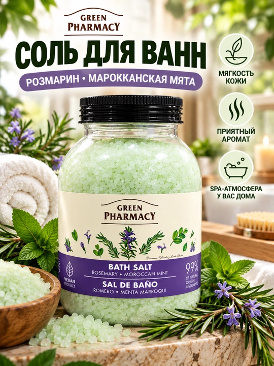 Соль для ванн Green Pharmacy, морская, 1000 г, 4 аромата
