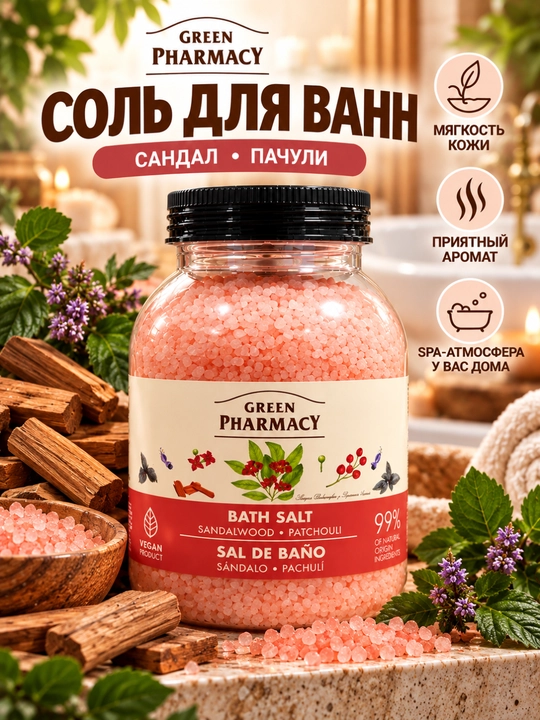 Соль для ванн Green Pharmacy, морская, 1000 г, 4 аромата