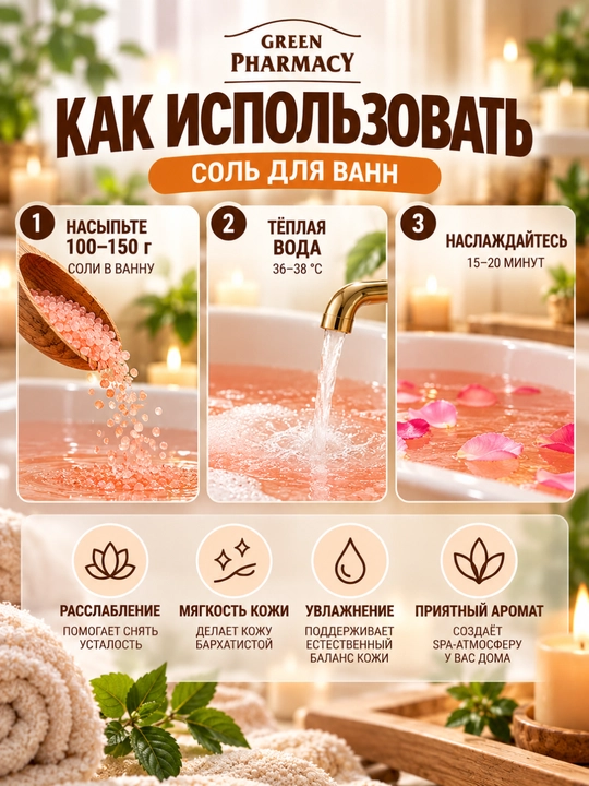 Соль для ванн Green Pharmacy, морская, 1000 г, 4 аромата
