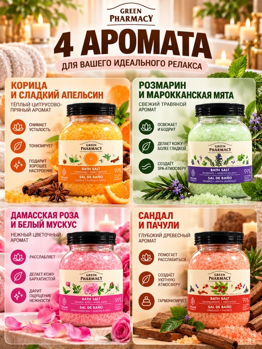 Соль для ванн Green Pharmacy, морская, 1000 г, 4 аромата