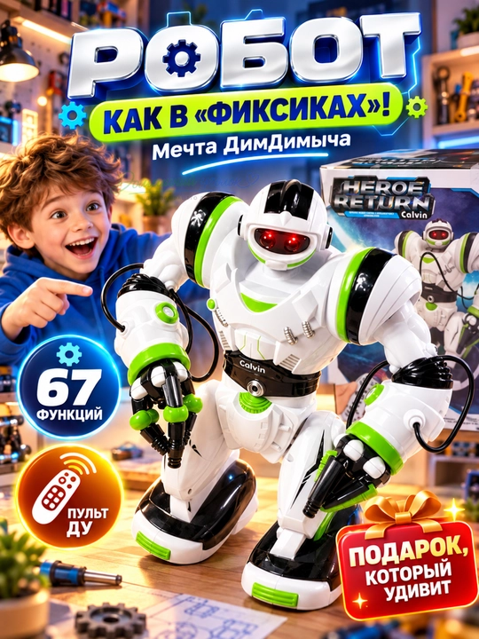 Interaktiv robot Calvin 28091, pultli, 67 funksiya, raqs, kung-fu, ovoz va chiroq - 