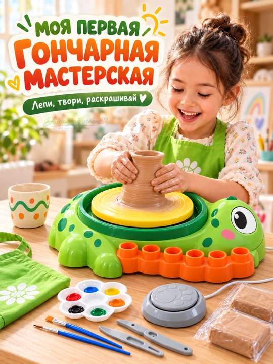 Гончарный круг детский электрический, набор для лепки из глины и творчества, с красками