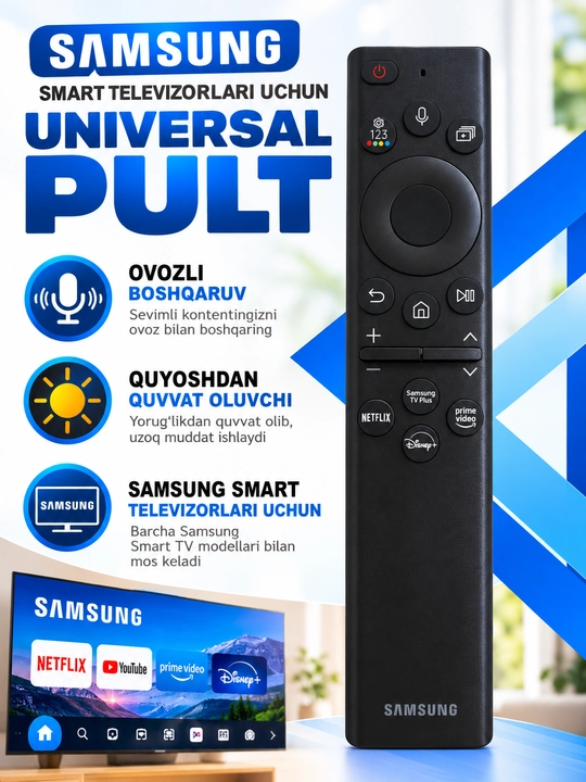 Pult Samsung Smart Televizorlari uchun,Ovozli boshqaruv,Quyoshdan quvvatlanadigan Pult - 